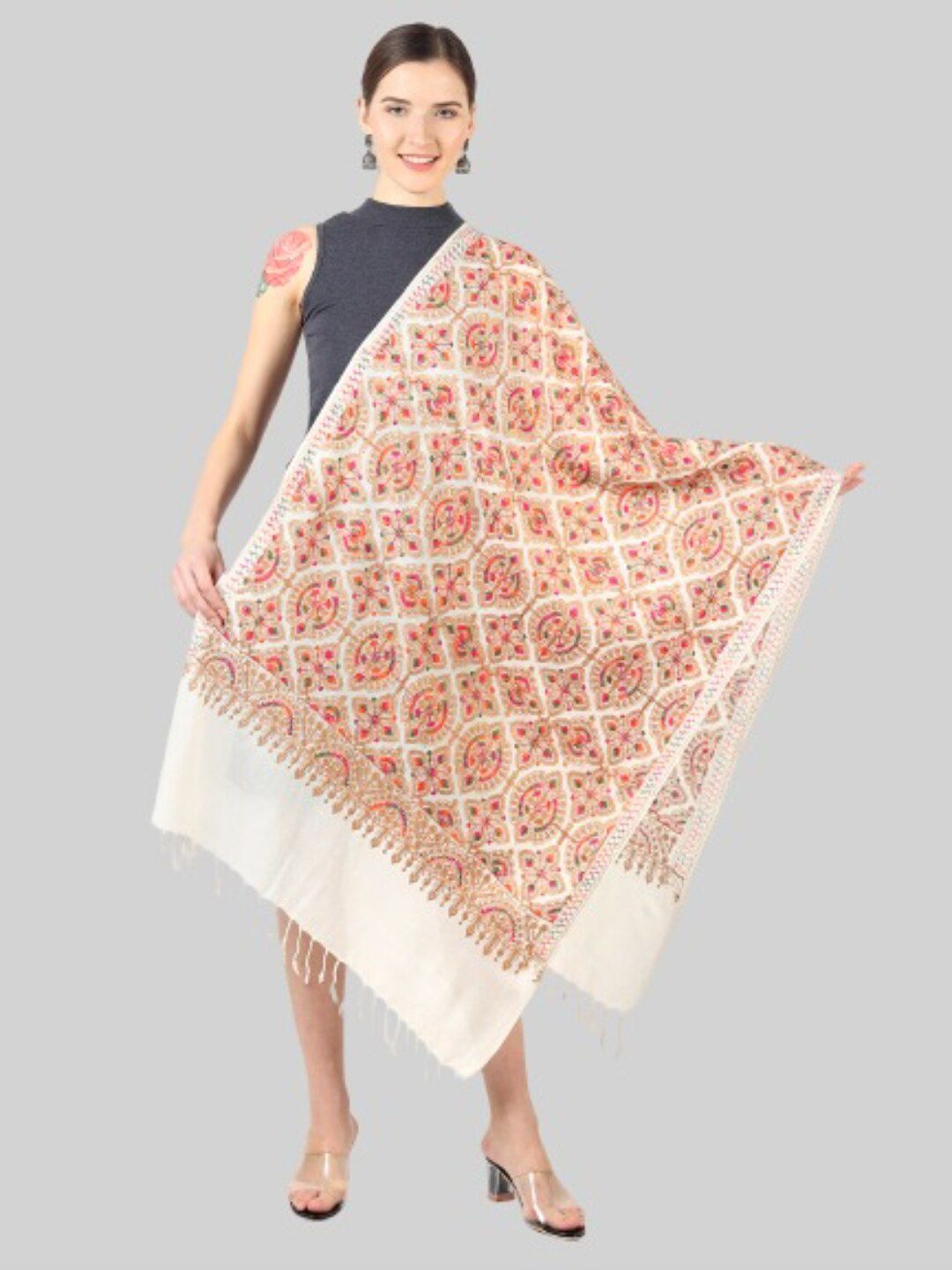 MUFFLY Women White & Pink Embroidered Stole Price in India