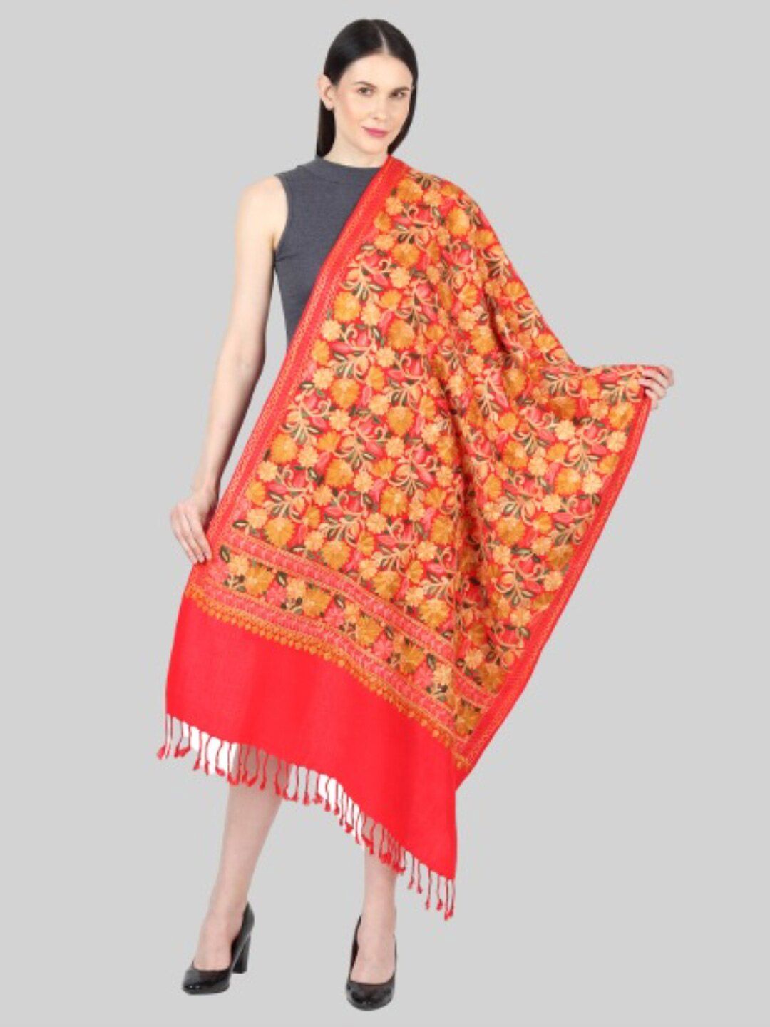 MUFFLY Women Red & Mustard women Embroidered Stole Price in India
