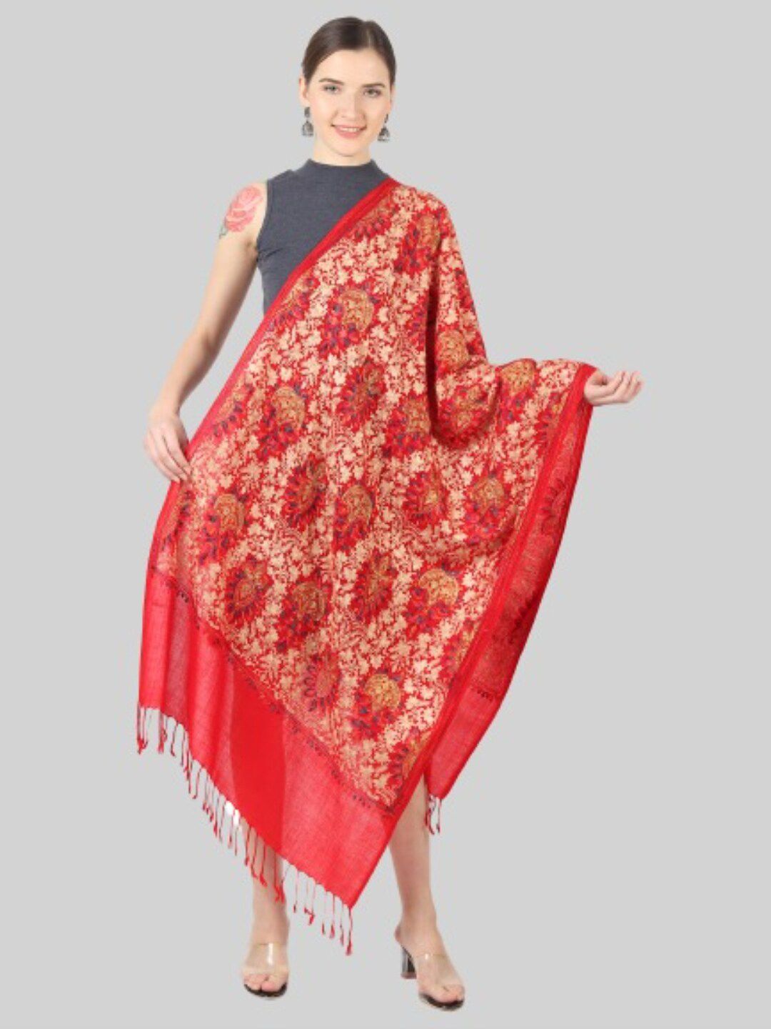 MUFFLY Women Red & Brown women Embroidered Stole Price in India