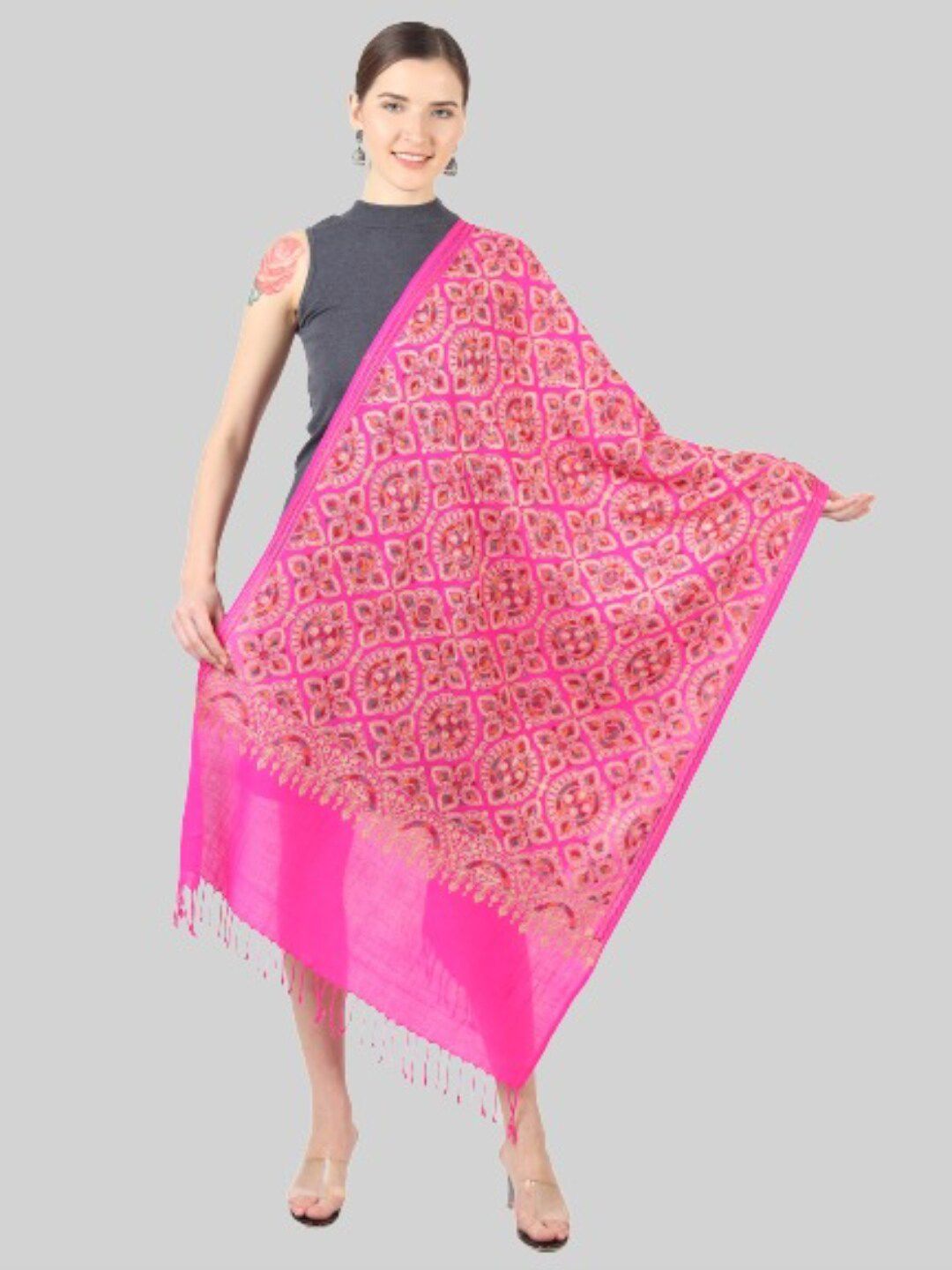 MUFFLY Women Pink & Red Embroidered Stole Price in India