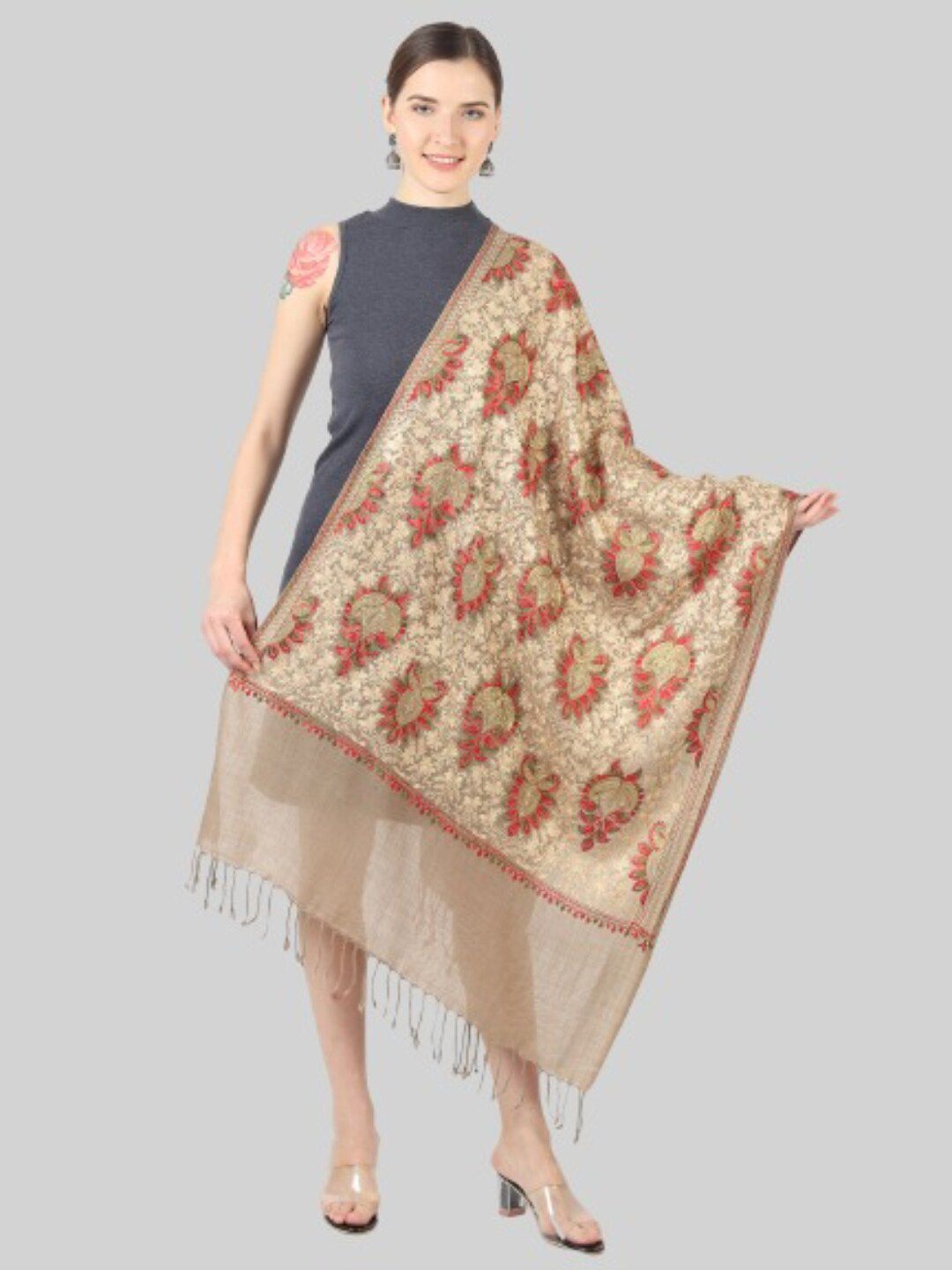 MUFFLY Women Beige & Red Embroidered Stole Price in India