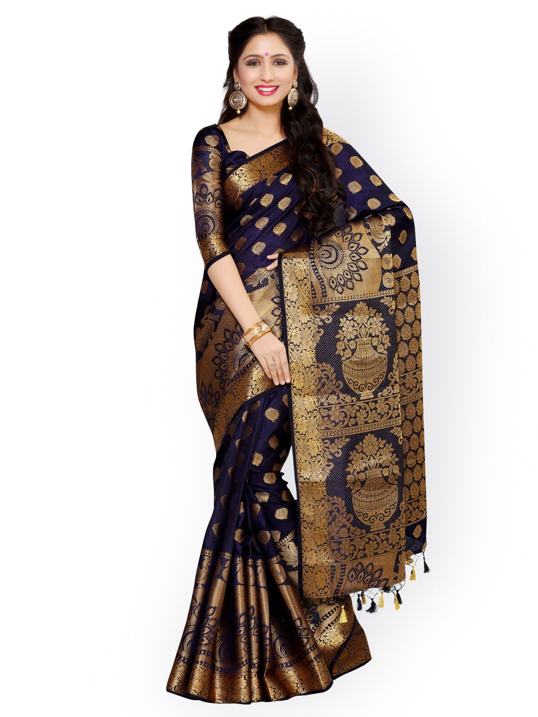 MIMOSA Navy Blue Art Silk Woven Design Kanjeevaram Saree