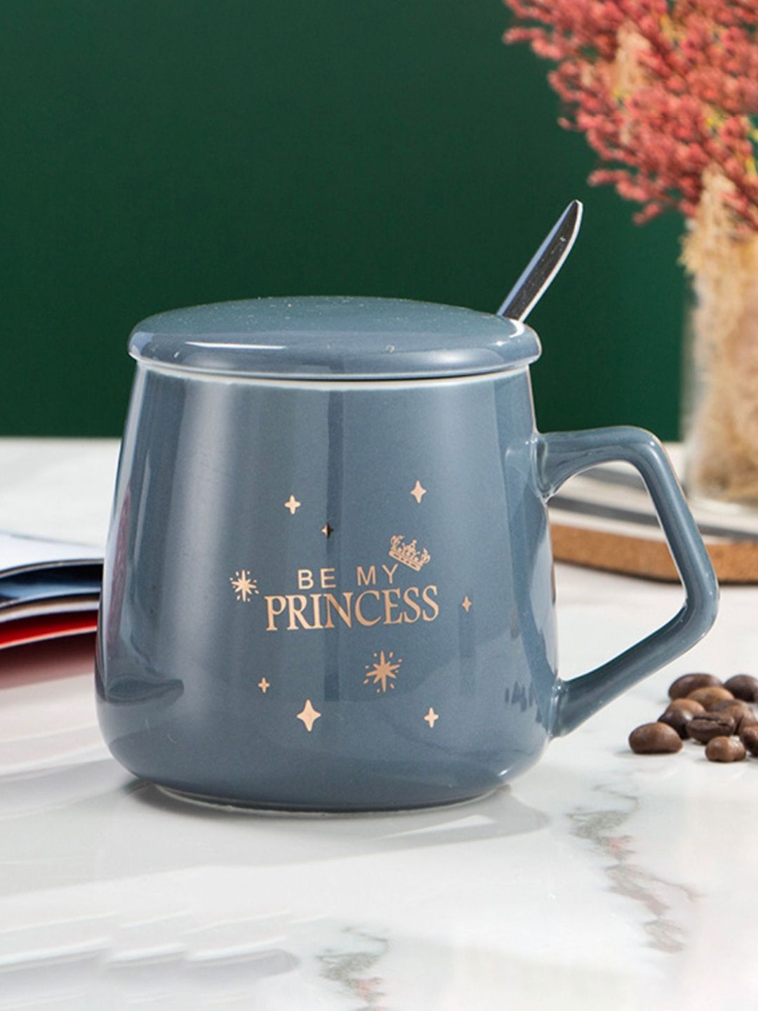 Nestasia Grey & Gold-Toned Princess Printed Ceramic Cup With Lid Price in India