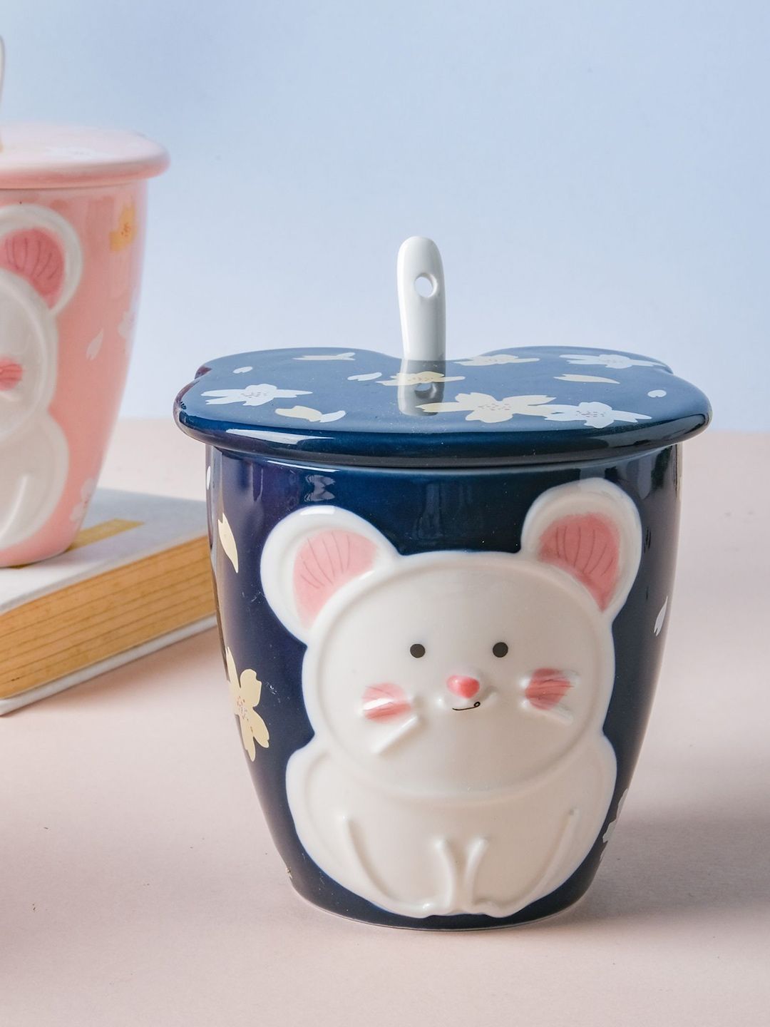 Nestasia Blue & White Ceramic Mouse Embossed Cup with Lid & Spoon Price in India