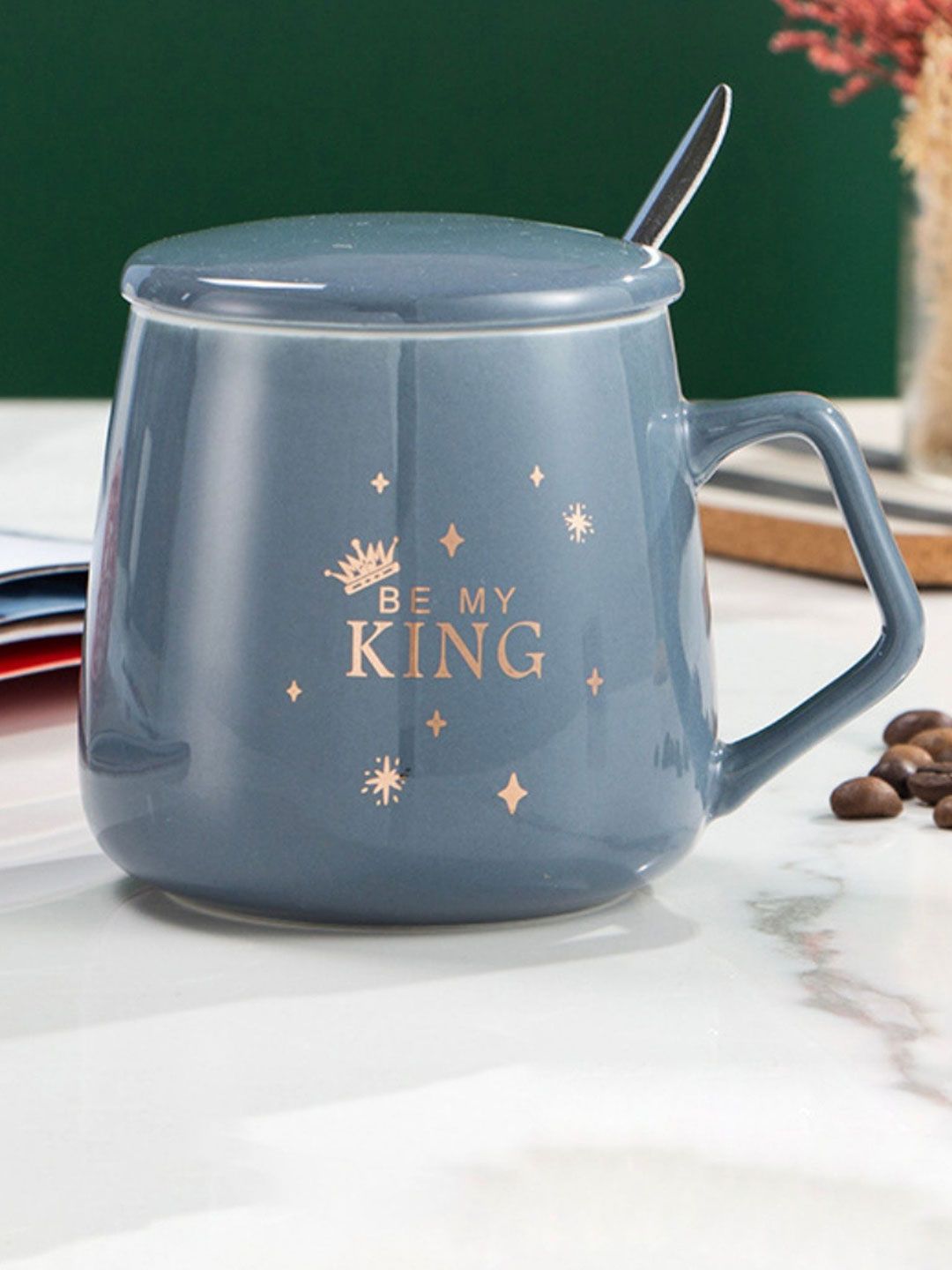 Nestasia Grey & Gold-Toned King Printed Ceramic Cup & Lid Price in India