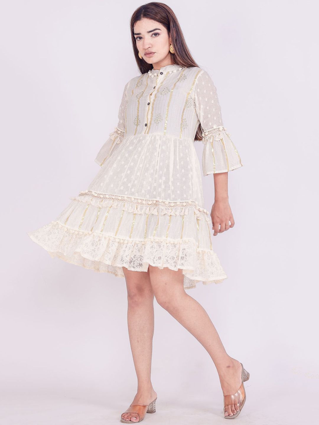 FASHION DWAR Cream-Coloured Fit and Flare Mini Dress Price in India