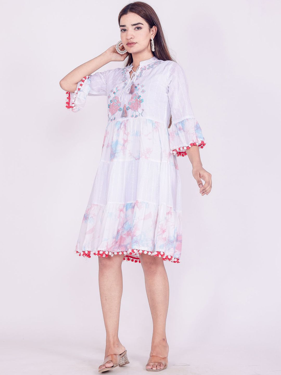 FASHION DWAR Women White & Red Floral Tie-Up Neck Dress Price in India