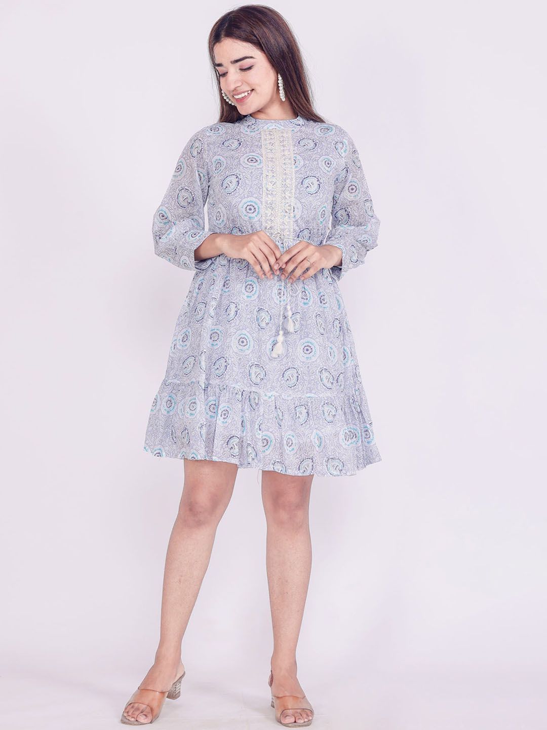 FASHION DWAR Women Grey & Blue Floral Dress Price in India