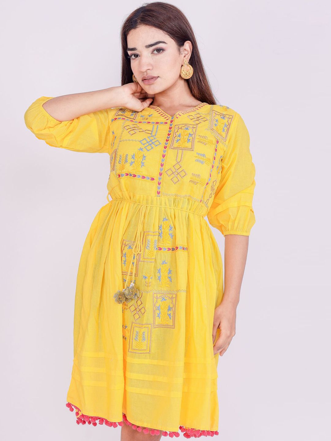 FASHION DWAR Women Yellow Embroidered Cotton Flared Ethnic Short Dress Price in India