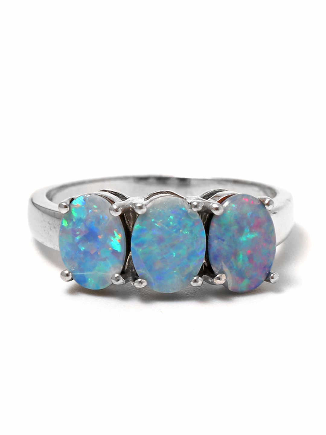 HIFLYER JEWELS Rhodium-Plated Silver-Toned Blue Opal Stone Studded Finger Ring Price in India