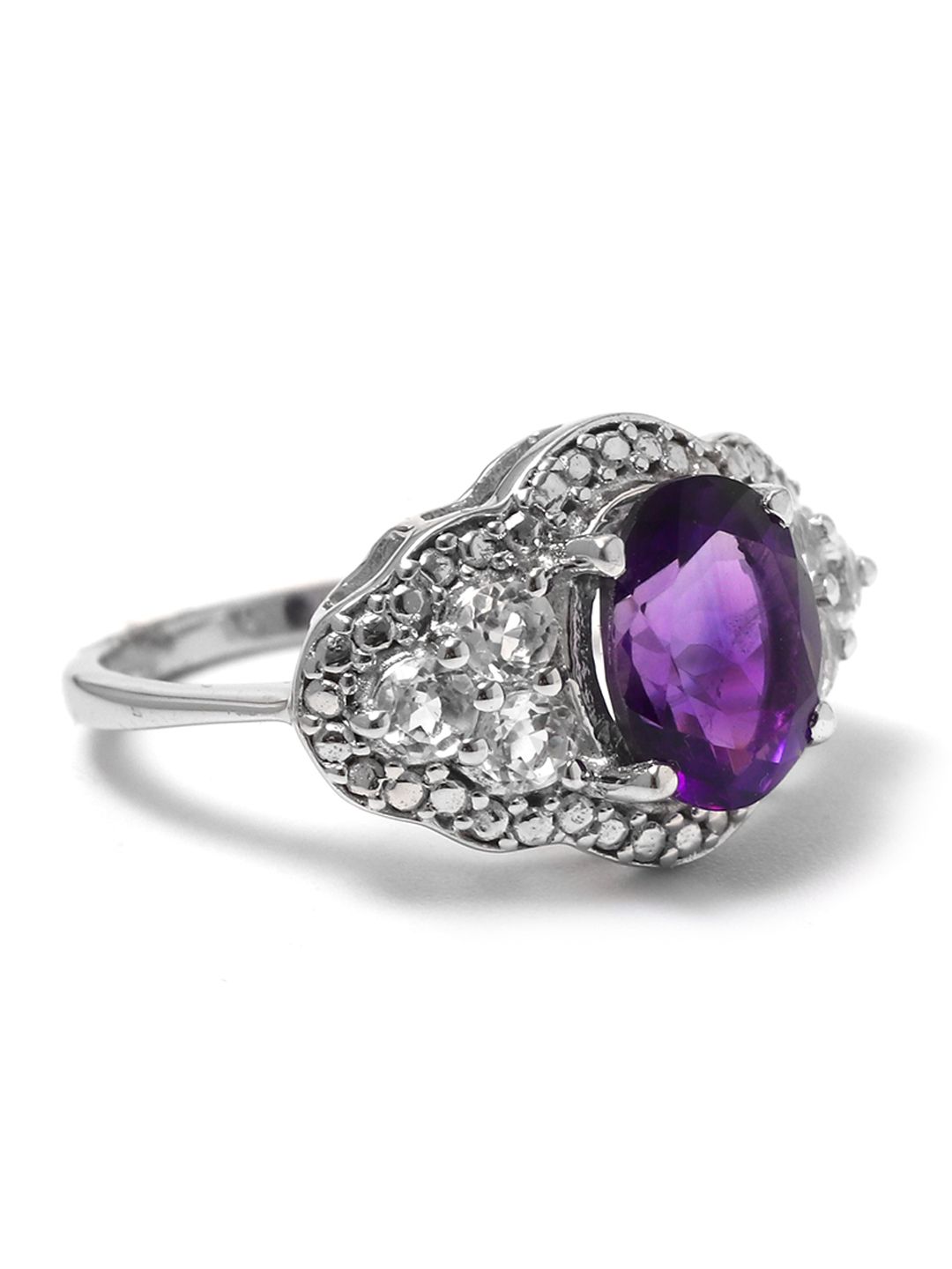 HIFLYER JEWELS Rhodium-Plated 925 Sterling Silver Purple Stone Studded Finger Ring Price in India