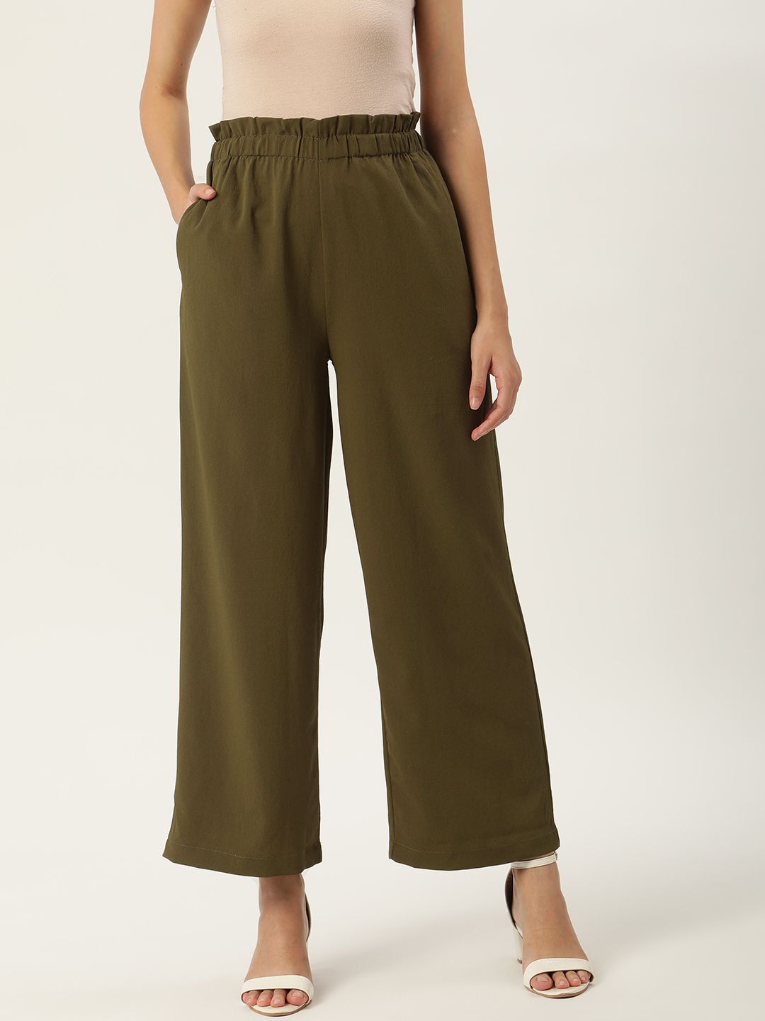 SHAYE Women Olive Green Solid Relaxed Flared Trousers Price in India