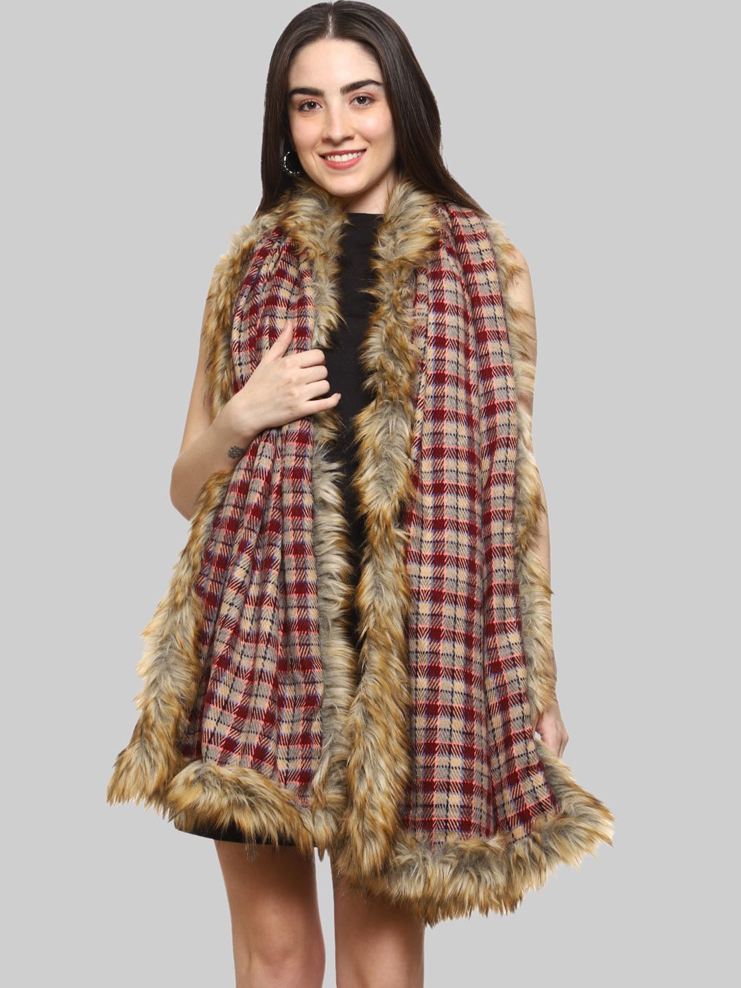 WEAVERS VILLA Women Beige & Red Checked Faux Fur Acrylic Shawl Price in India