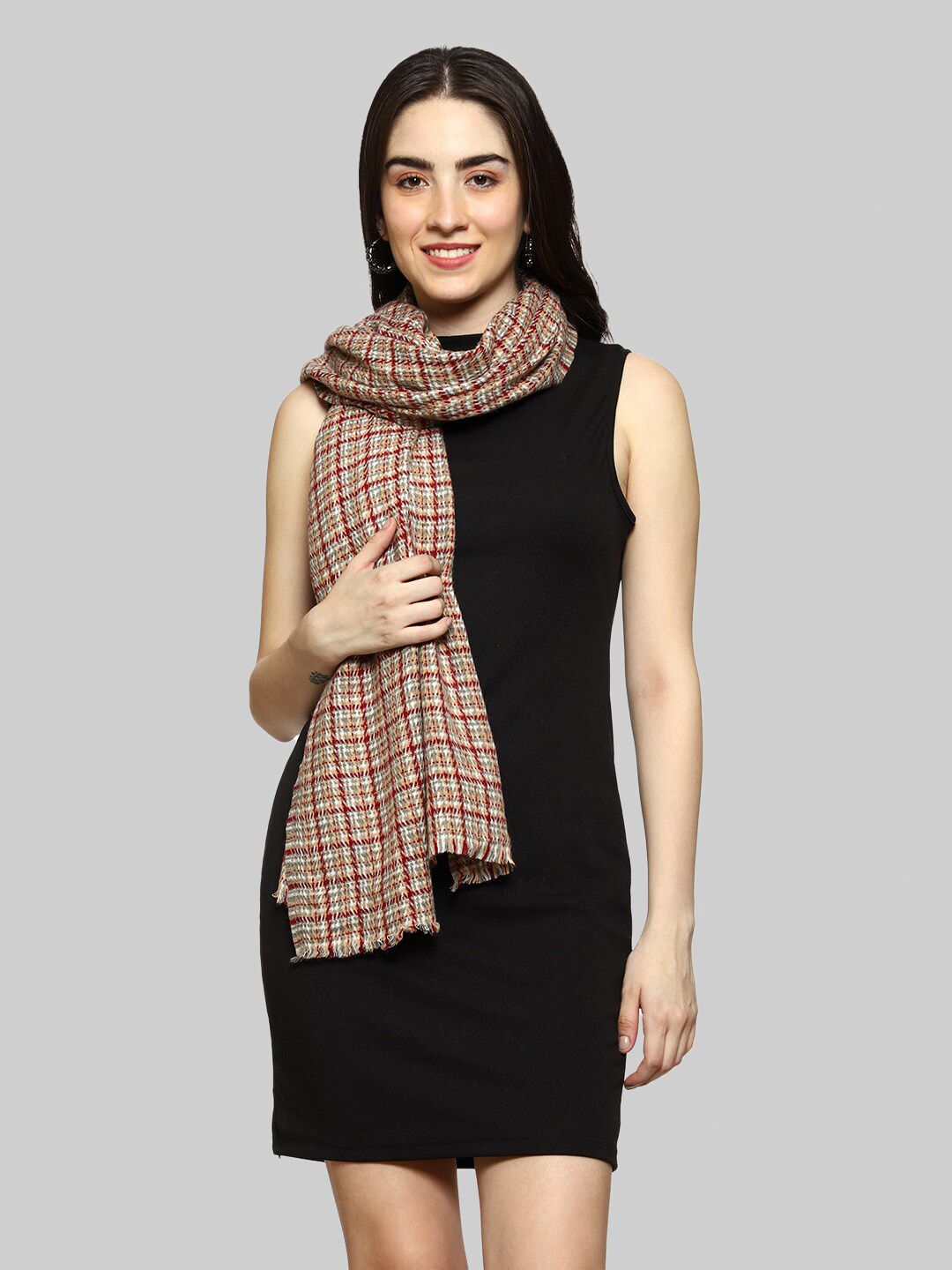 WEAVERS VILLA Women Mustard & Pink Checked Stole With Tasselled Border Price in India