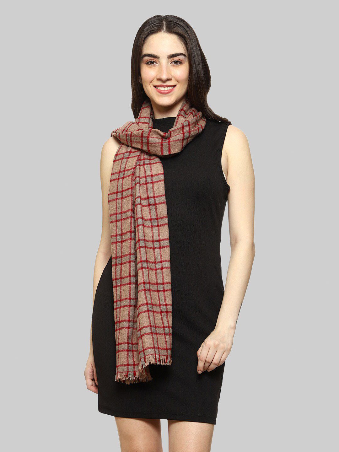 WEAVERS VILLA Women Maroon Checked Stole With Tasselled Border Price in India