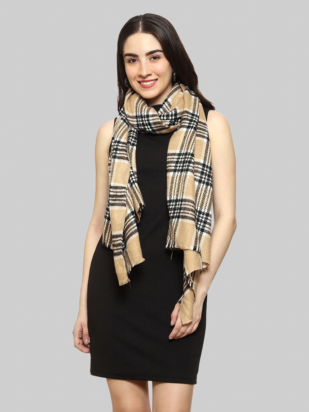 WEAVERS VILLA Women Cream-Coloured & Black Checked Stole Price in India