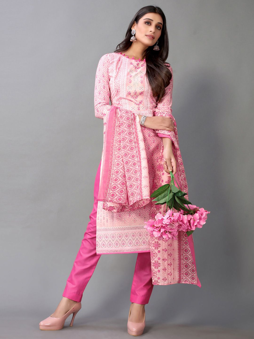 Satrani Pink & White Printed Unstitched Dress Material Price in India