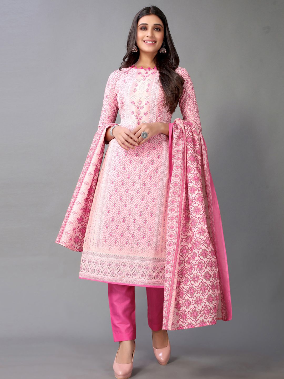 Satrani Pink & White Printed Unstitched Dress Material