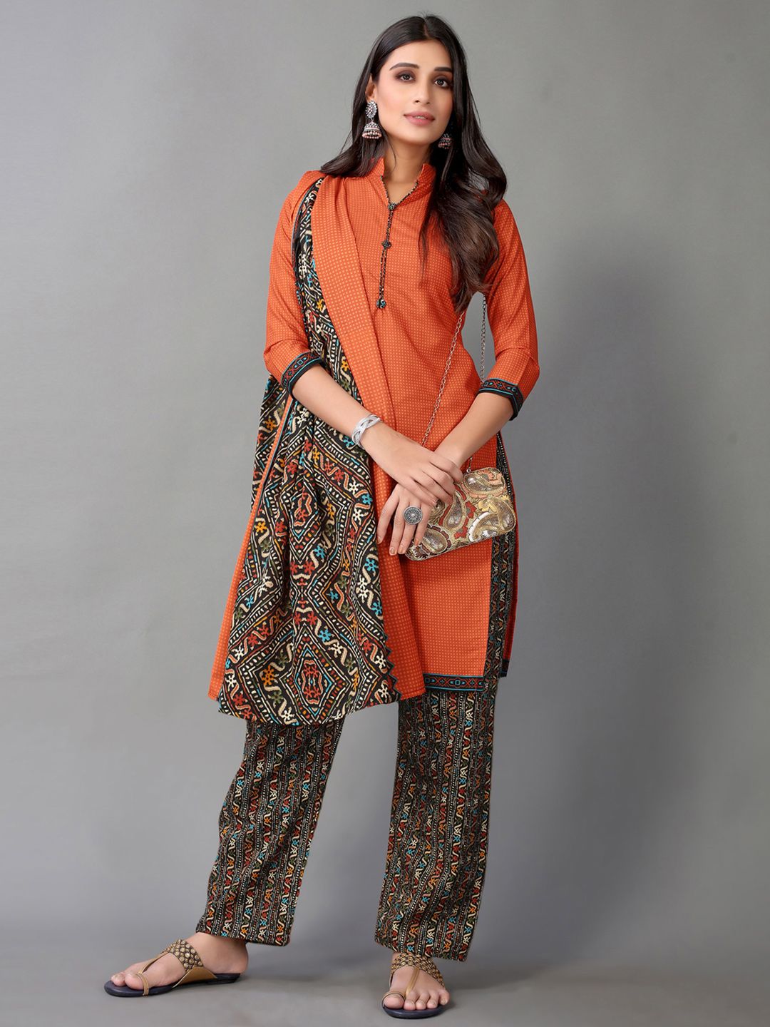 Satrani Orange & White Printed Unstitched Dress Material Price in India