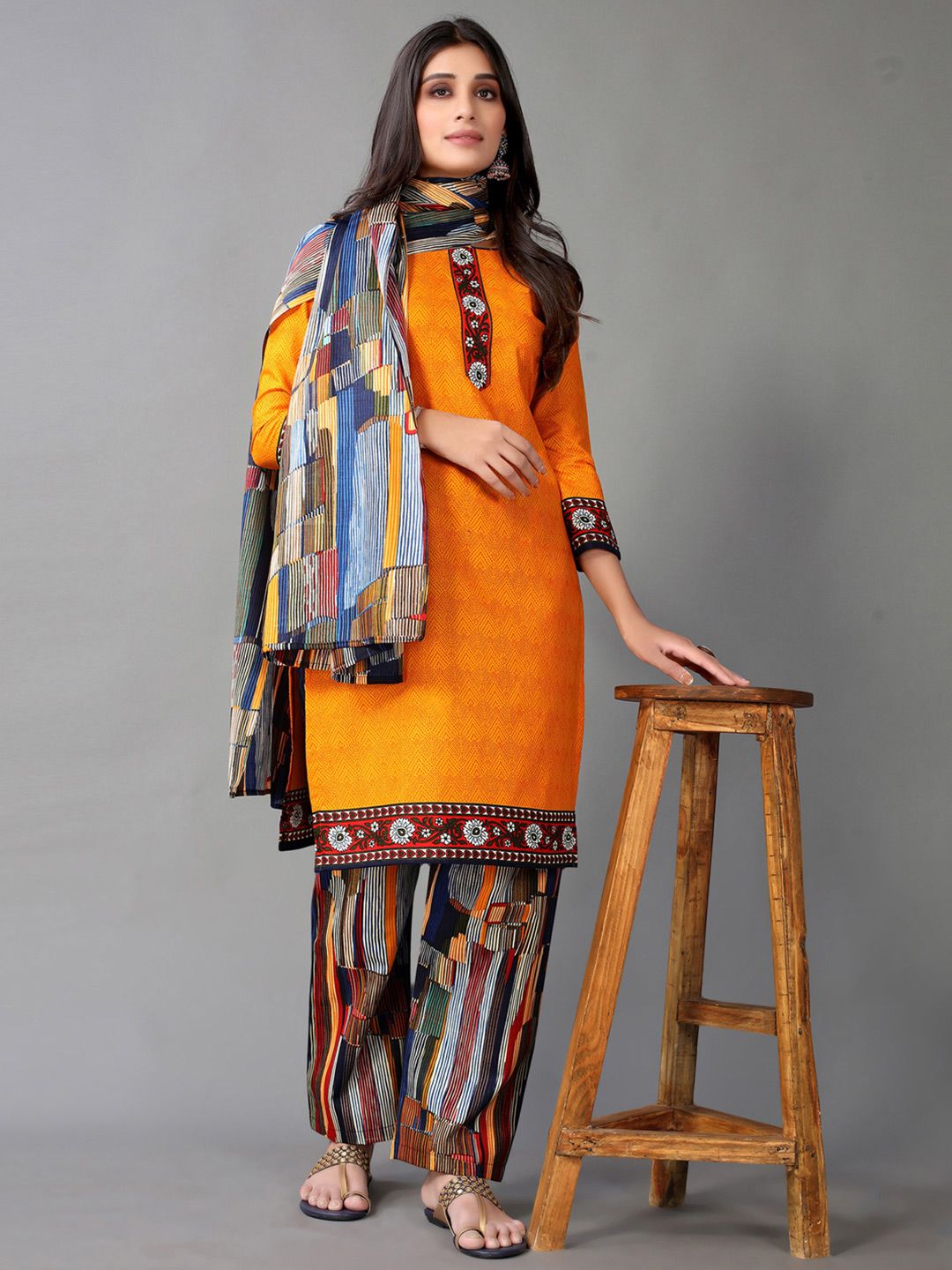 Satrani Orange & Black Printed Unstitched Dress Material Price in India