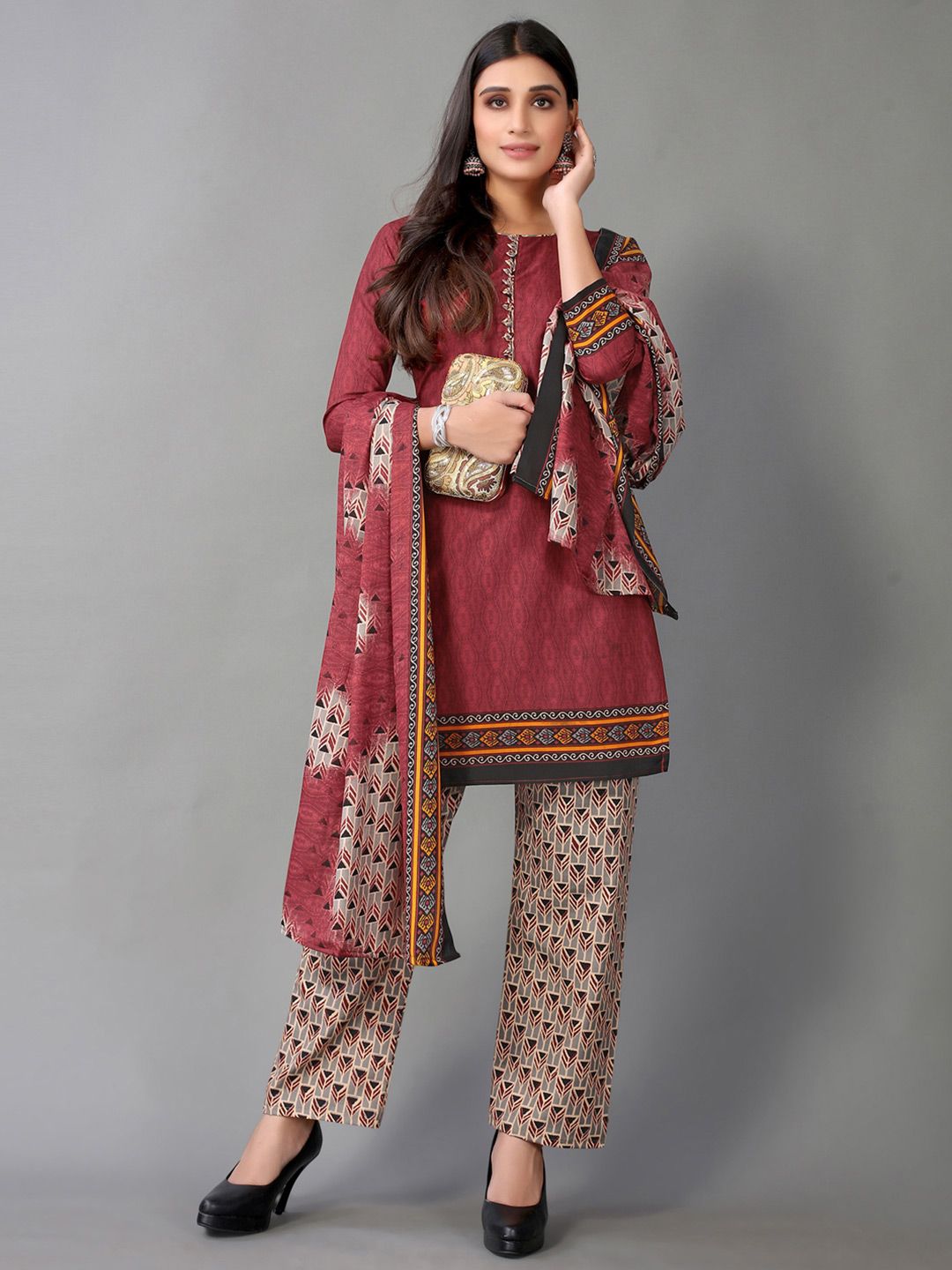 Satrani Brown & Grey Printed Unstitched Dress Material Price in India