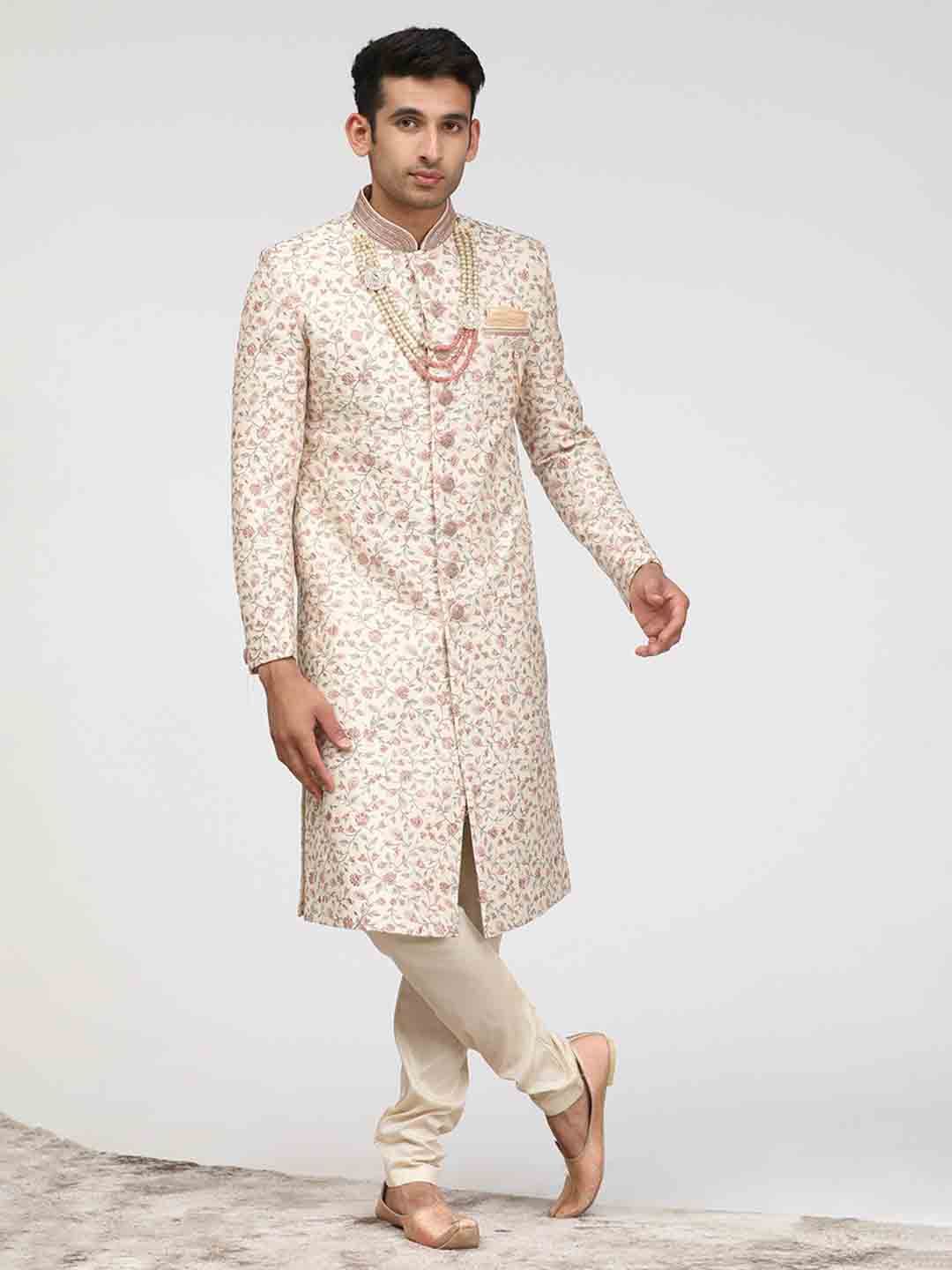 Manyavar Floral Embroidered Beads Detail Sherwani Set