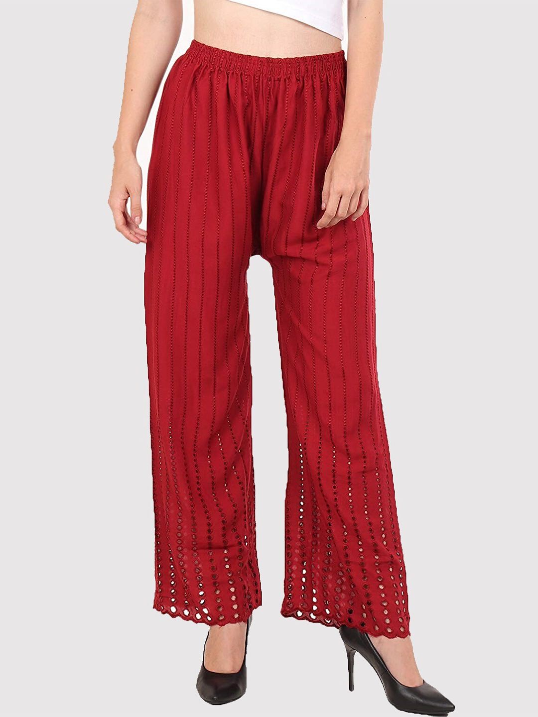 Trendzmy Women Maroon Embroidered Flared Palazzos