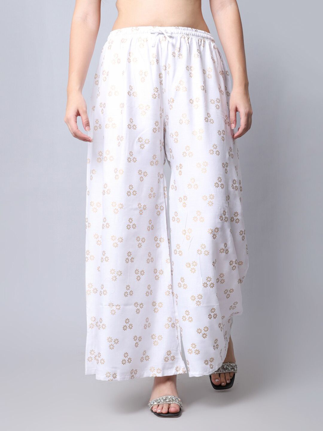 GRACIT Women White & Gold-Toned Floral Printed Ethnic Palazzos Price in India