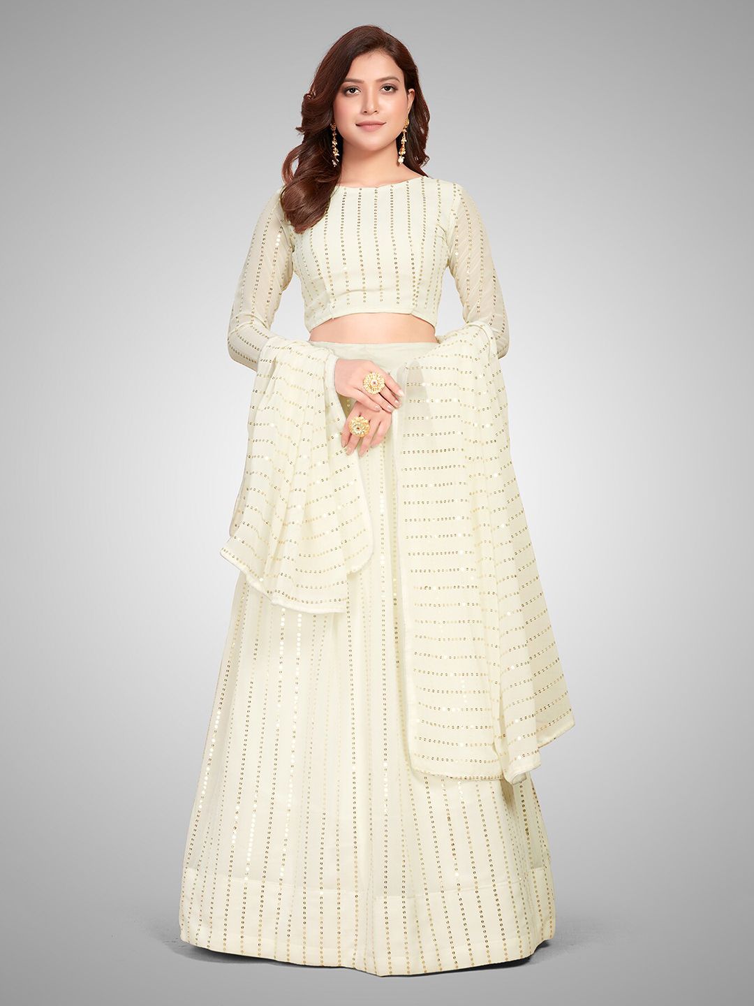 Mitera White Embellished Sequinned Semi-Stitched Lehenga & Unstitched Blouse With Dupatta Price in India