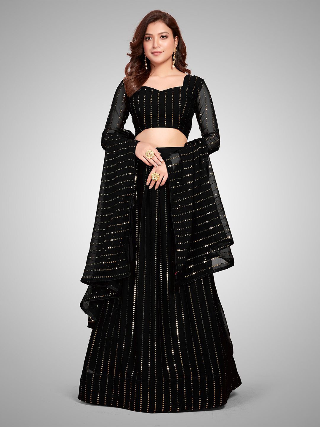Mitera Black Embellished  Semi-Stitched Lehenga Choli Unstitched Blouse With Dupatta Price in India