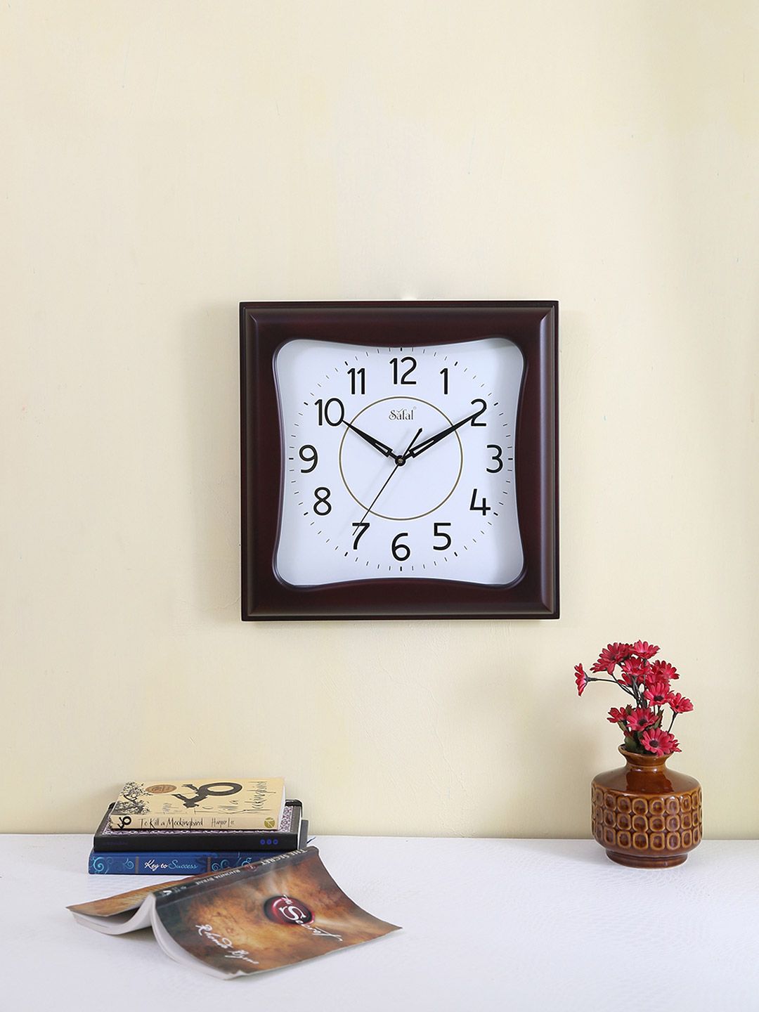 Safal White & Brown Solid Dial Square Analogue Wall Clock Price in India