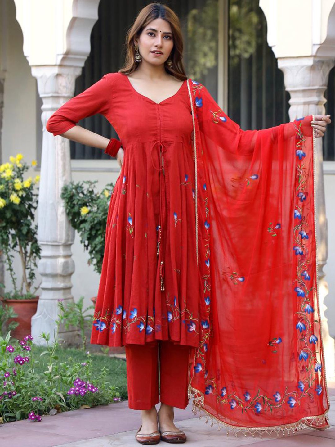 Baisacrafts Women Red Floral High Slit Pure Cotton Kurta with Trousers & With Dupatta Price in India