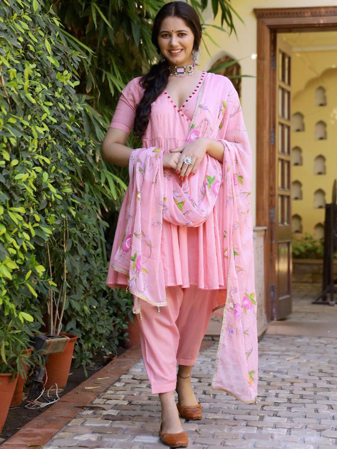 Baisacrafts Women Pink Floral Angrakha Thread Work Pure Cotton Kurti with Trousers & With Dupatta Price in India