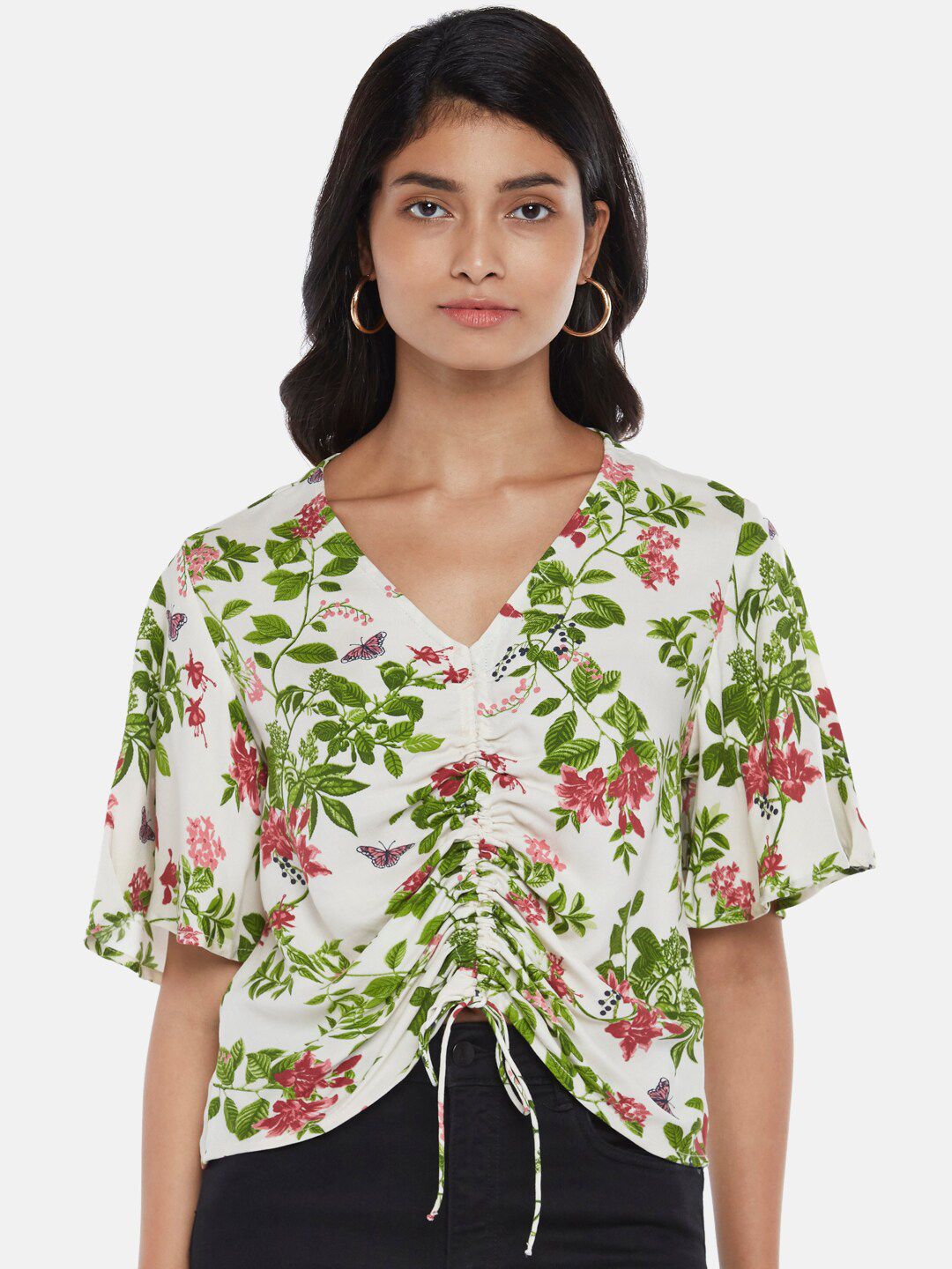 Honey by Pantaloons Off White Floral Print Ruched Top Price in India