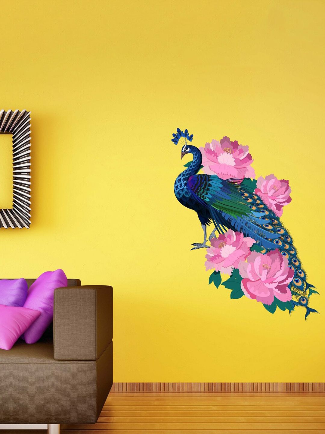 WALLSTICK Blue & Pink Printed Colorful Peacock Wallsticker Price in India