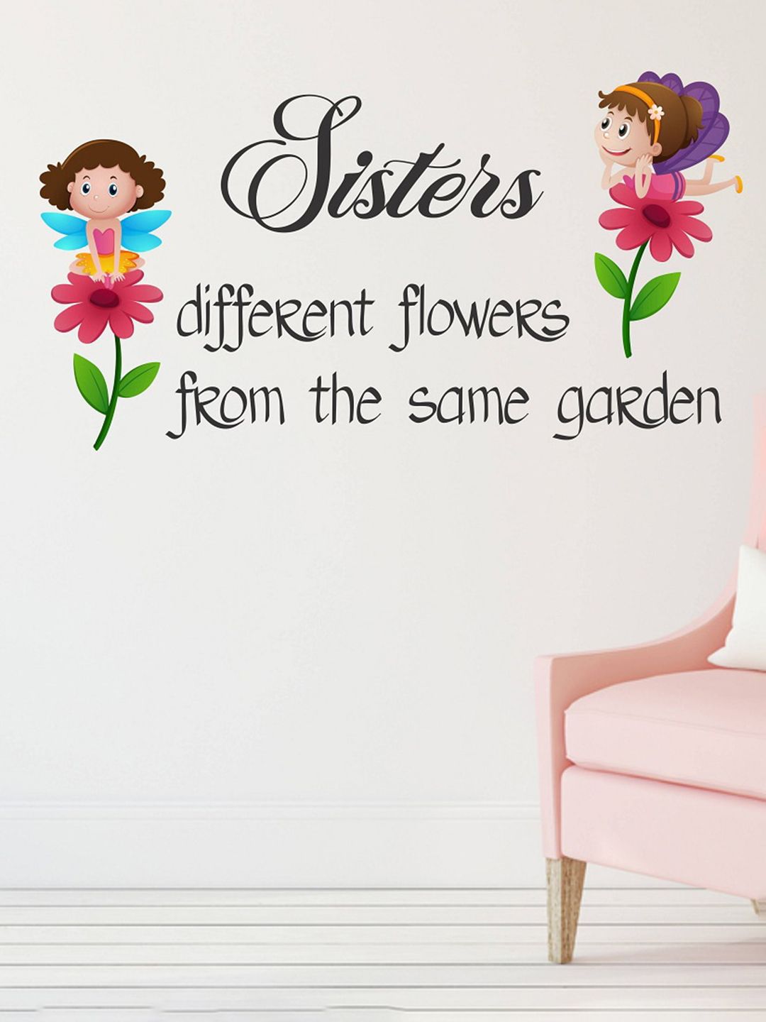 WALLSTICK Black & Pink Sisters different flowers Vinyl Wall Sticker Price in India