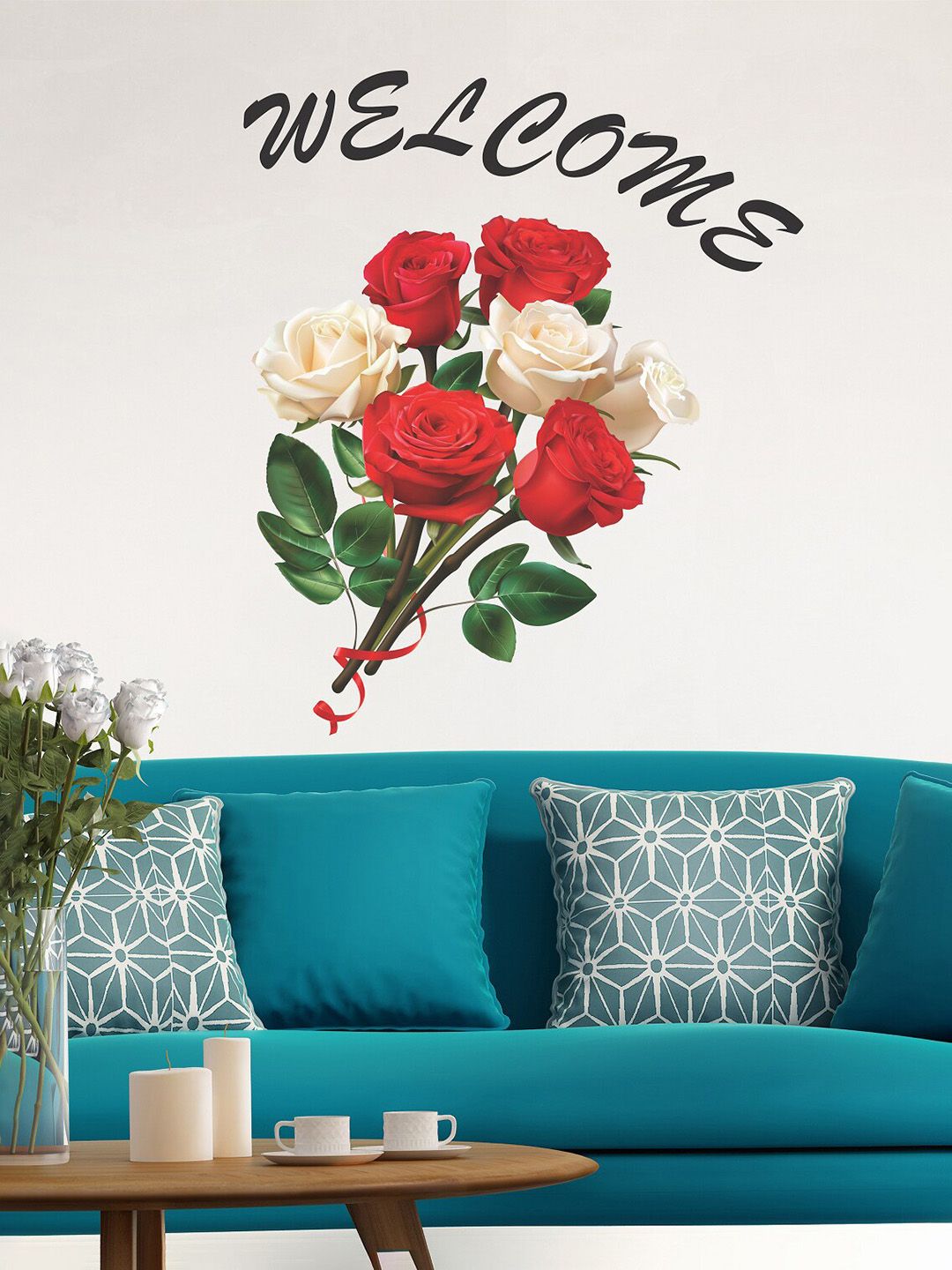 WALLSTICK Red & Green Printed Welcome Quotes With Flower Wallsticker Price in India