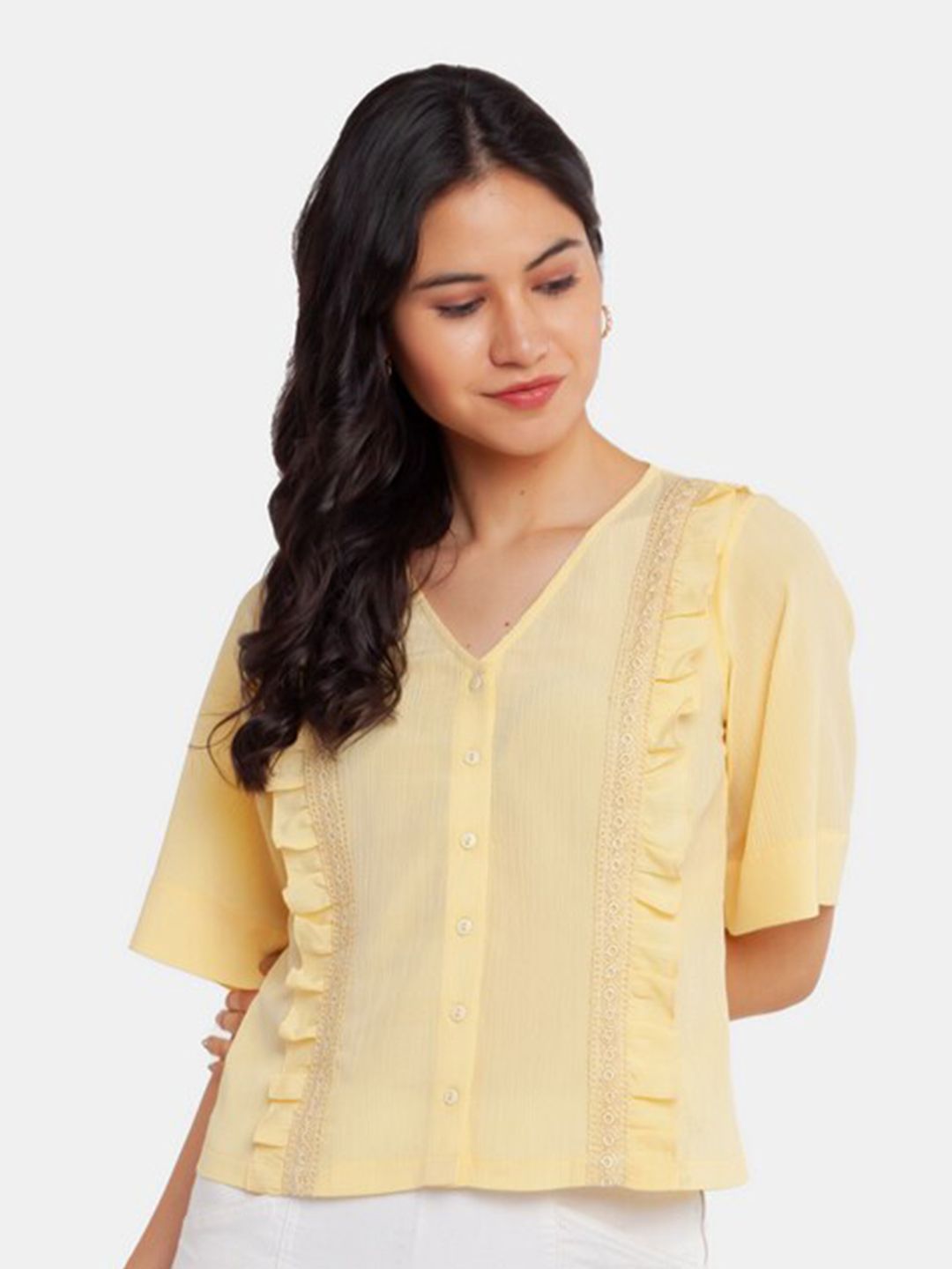 Zink London Women's Yellow Solid Ruffle Top Price in India