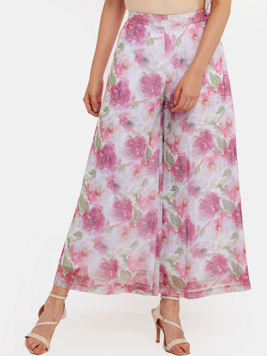 Zink London Women Off White Floral Printed High-Rise Trousers Price in India