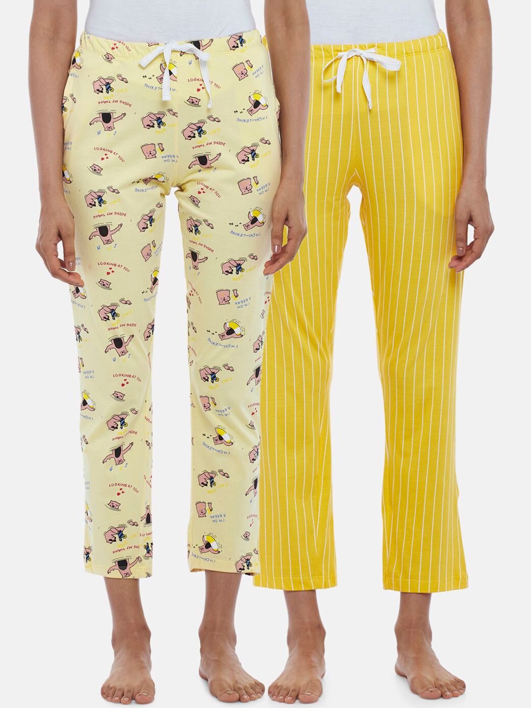 Dreamz by Pantaloons Women Pack Of 2 Yellow Cotton Printed Lounge Pants Price in India