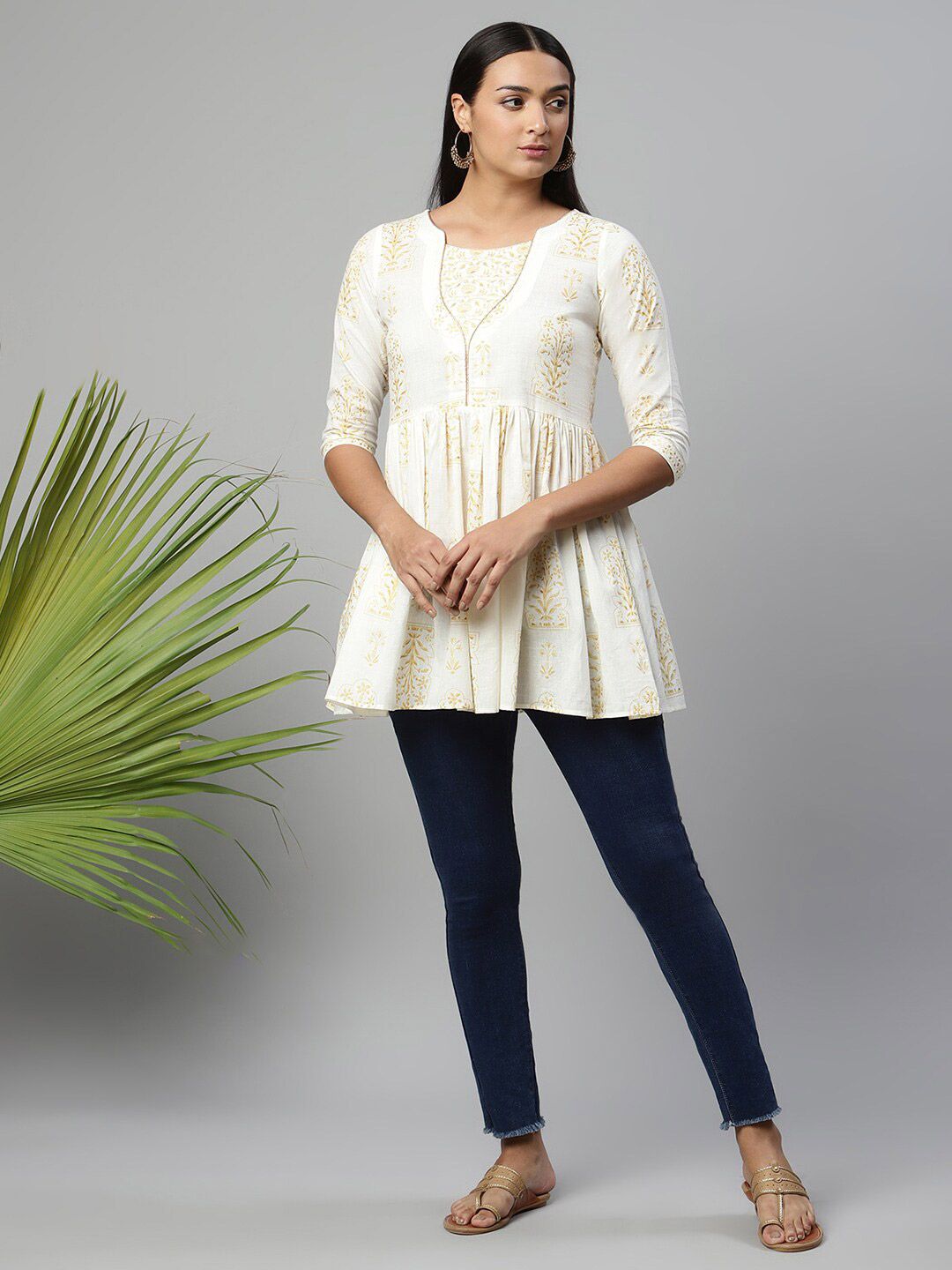 Ahalyaa Women  Off White & Gold-Toned Boat Neck Pure Cotton Printed Tunic Price in India