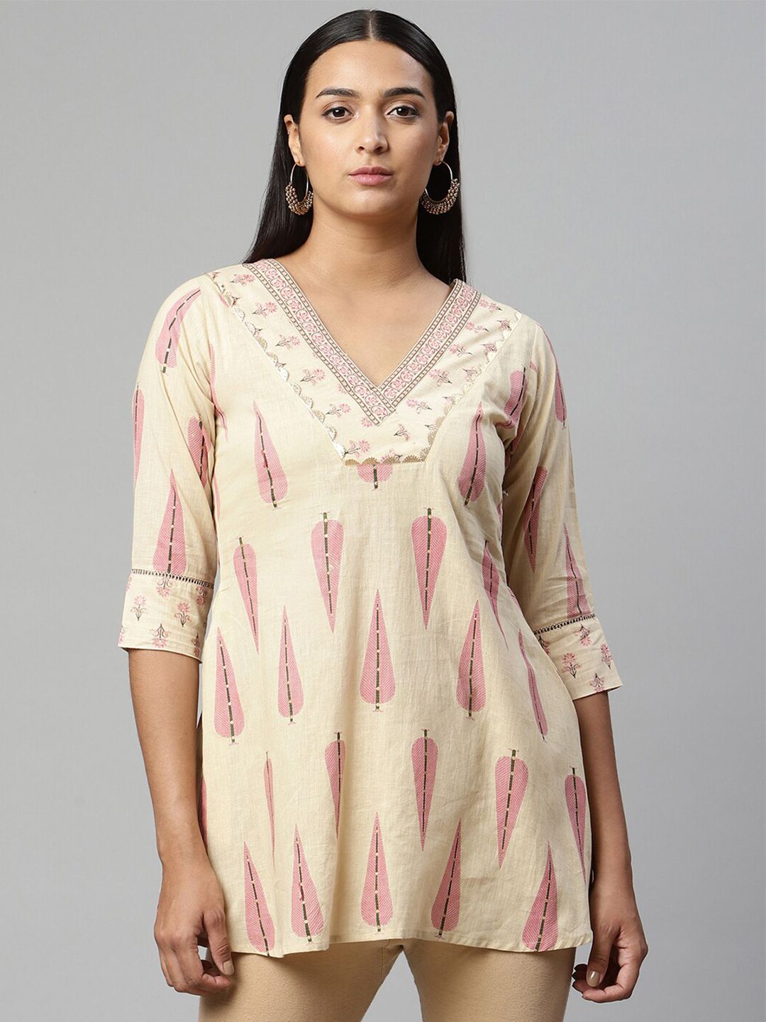 Ahalyaa Women Beige & Pink Printed V-Neck Tunic Price in India