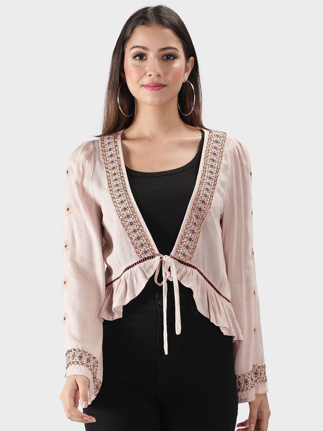 DEBONATELLA Women Rose Gold & Brown Embroidered Crop Tie-Up Shrug Price in India