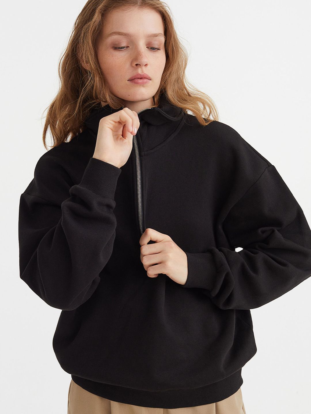H&M Women Black Solid Collared Sweatshirt Price in India