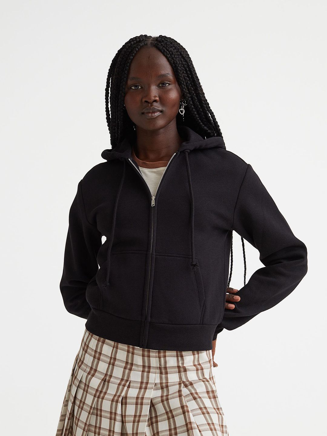 H&M Women Black Cropped Zip-Through Hoodie Price in India