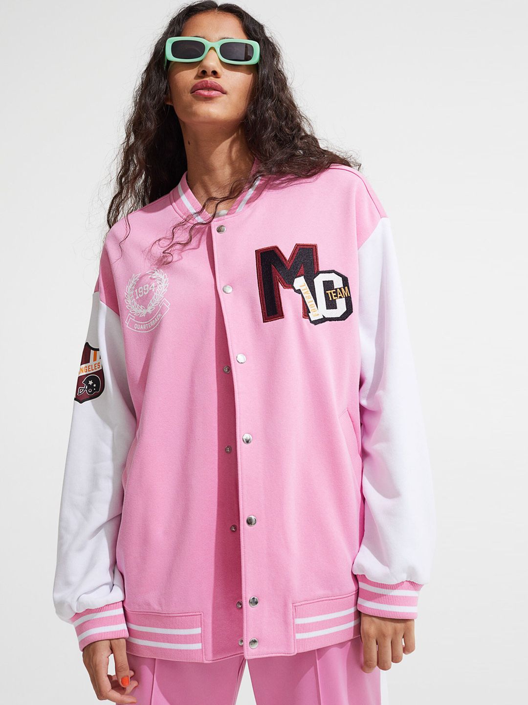 H&M Women Pink Oversized Baseball Jacket Price in India