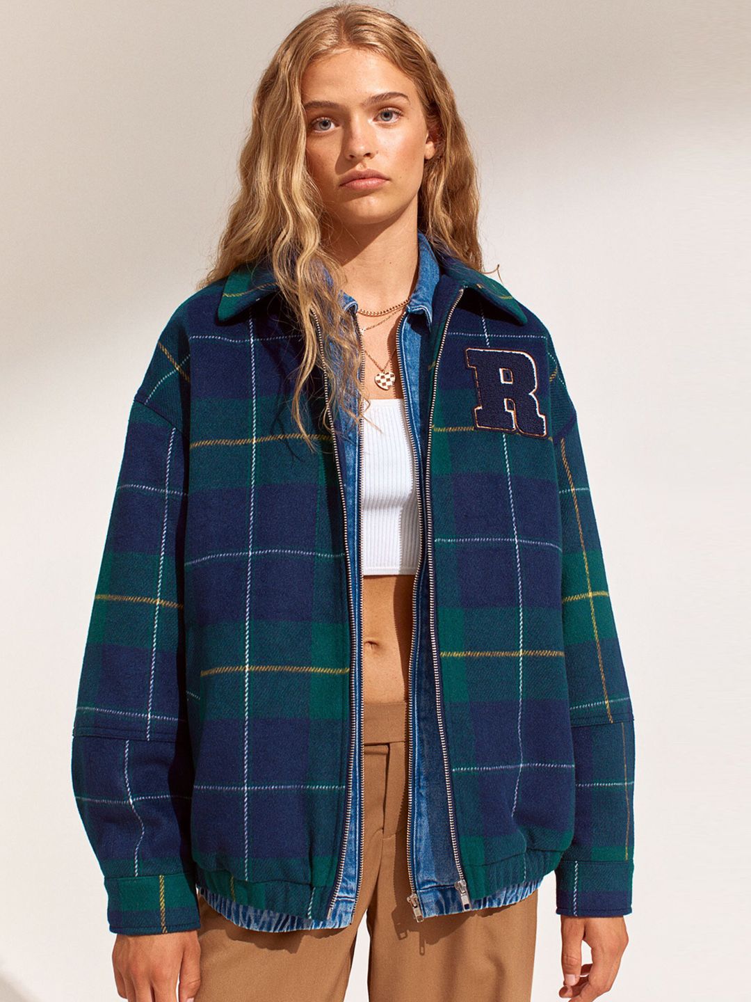 H&M Women Blue Checked Boxy Jacket Price in India