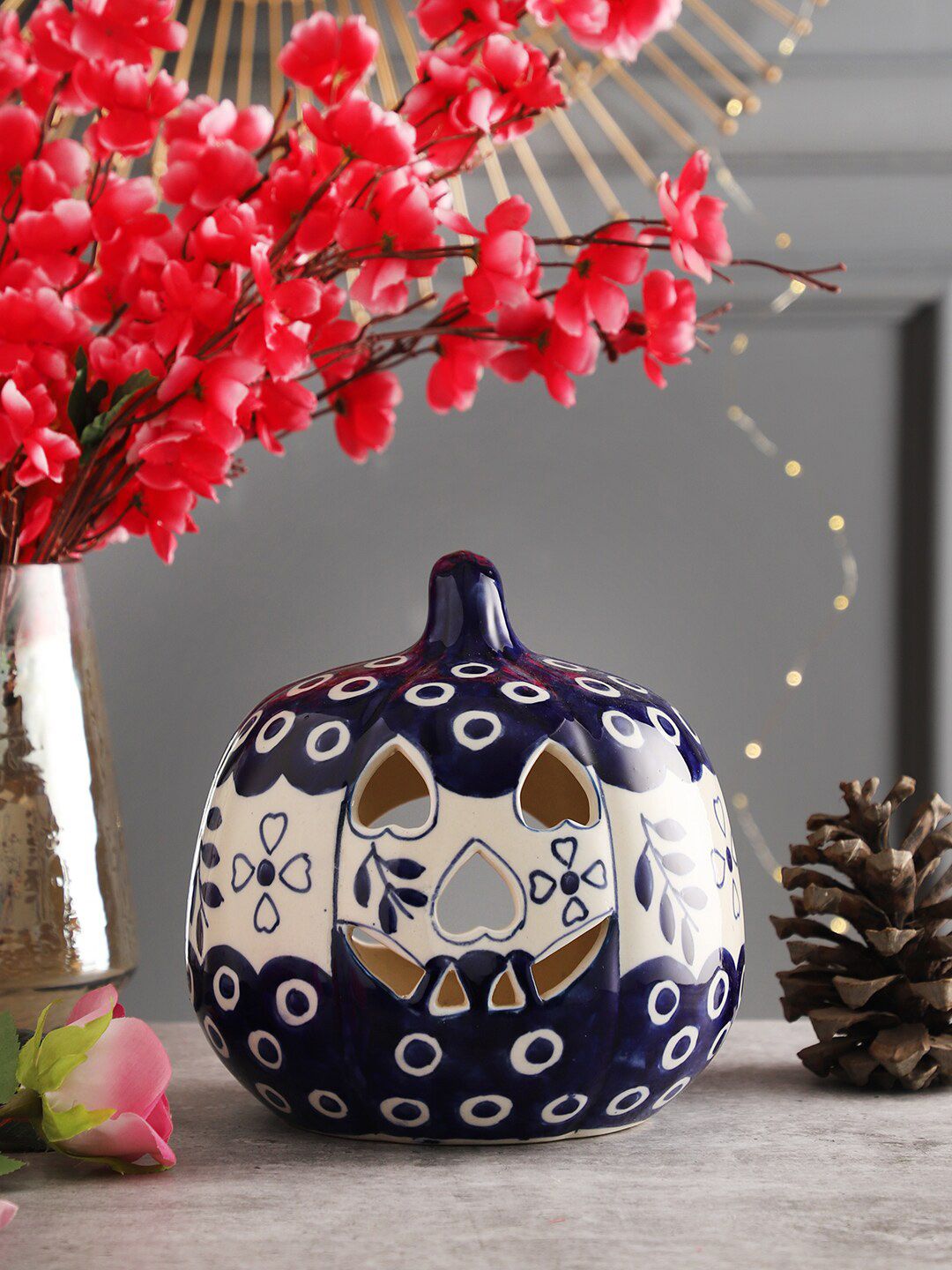 MIAH Decor Navy Blue & Off-White Fine Porcelain Pumpkin Candle Holder Price in India
