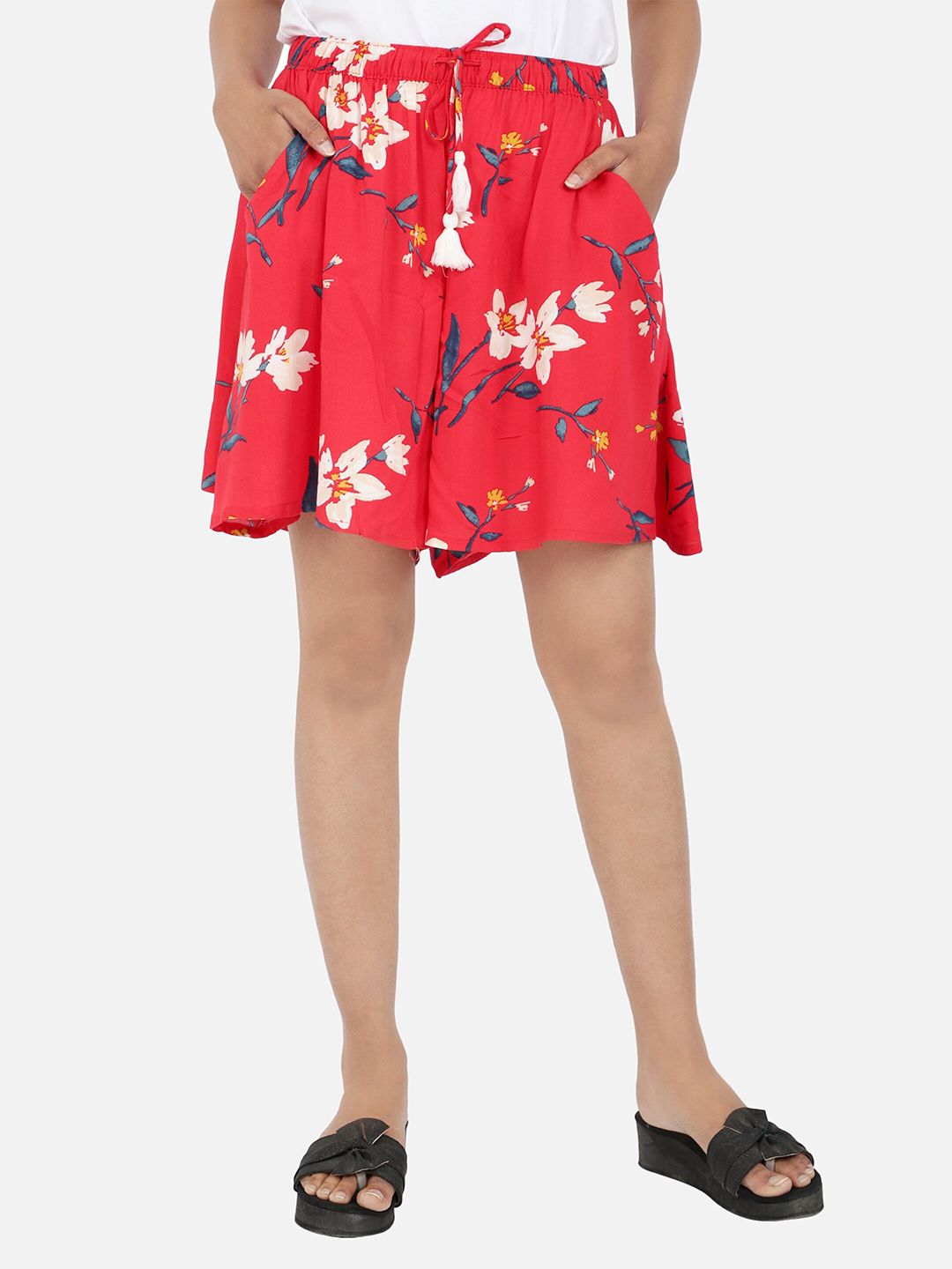 BStories Women Red & Grey Floral Printed Lounge Shorts Price in India