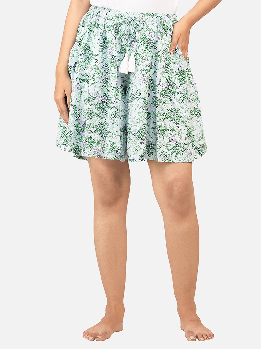 BStories Women Green & White Printed Lounge Shorts Price in India
